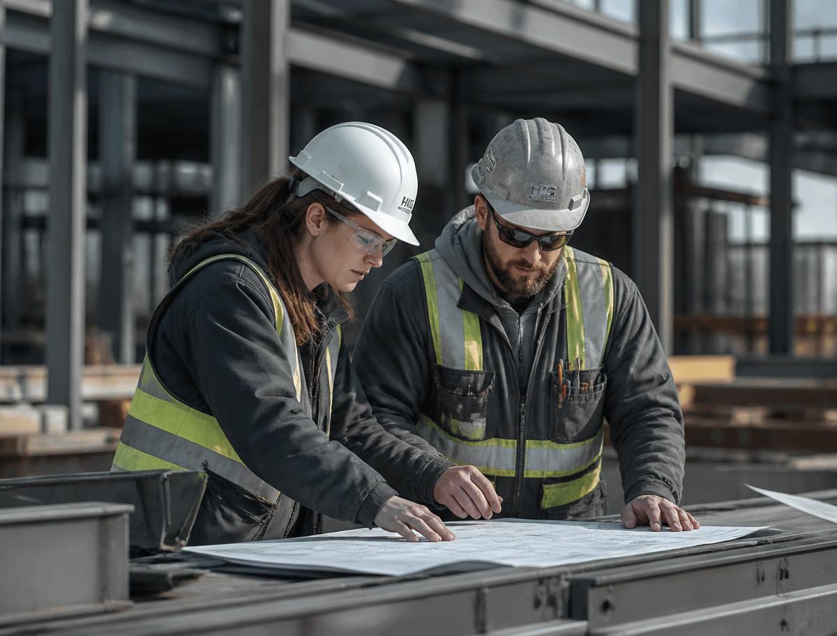 Two Mullarkey Construction supervisors reviewing blueprints on site