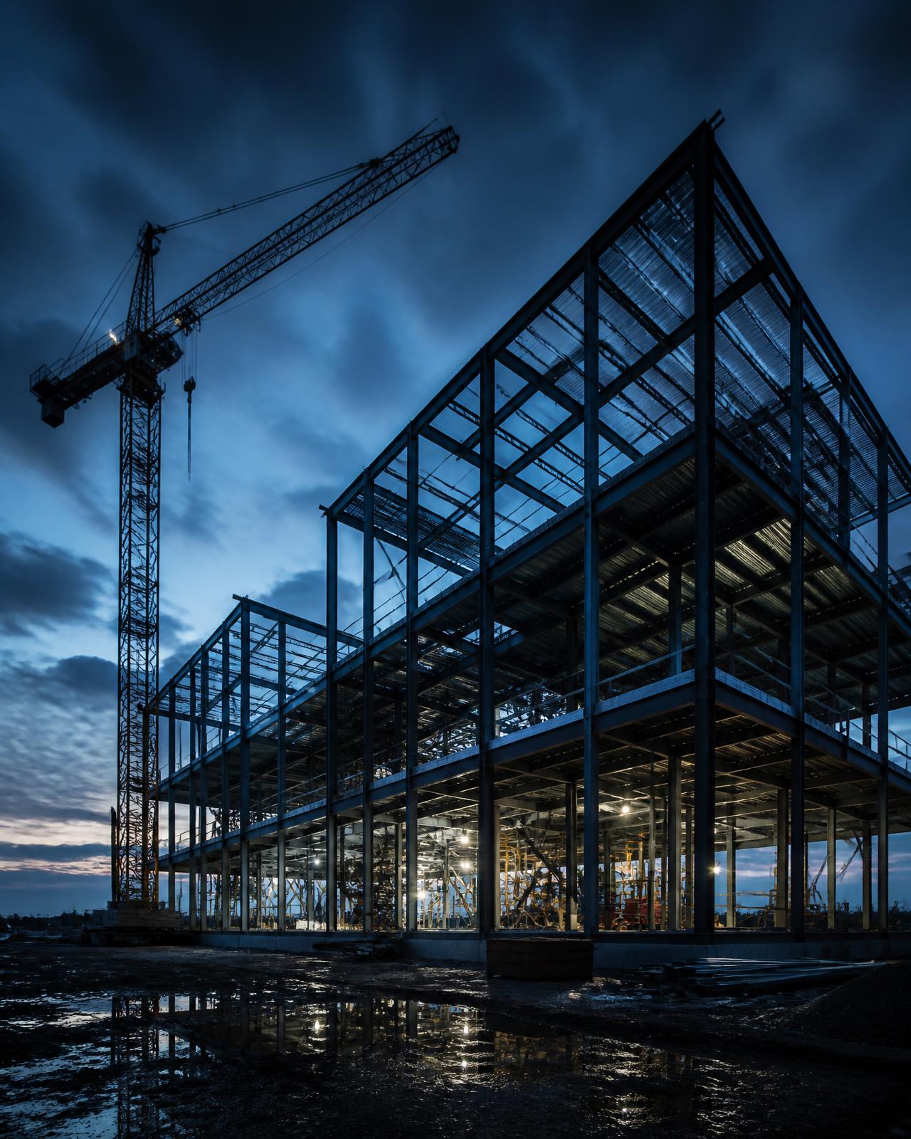 Steel frame of a commercial building under construction at dusk