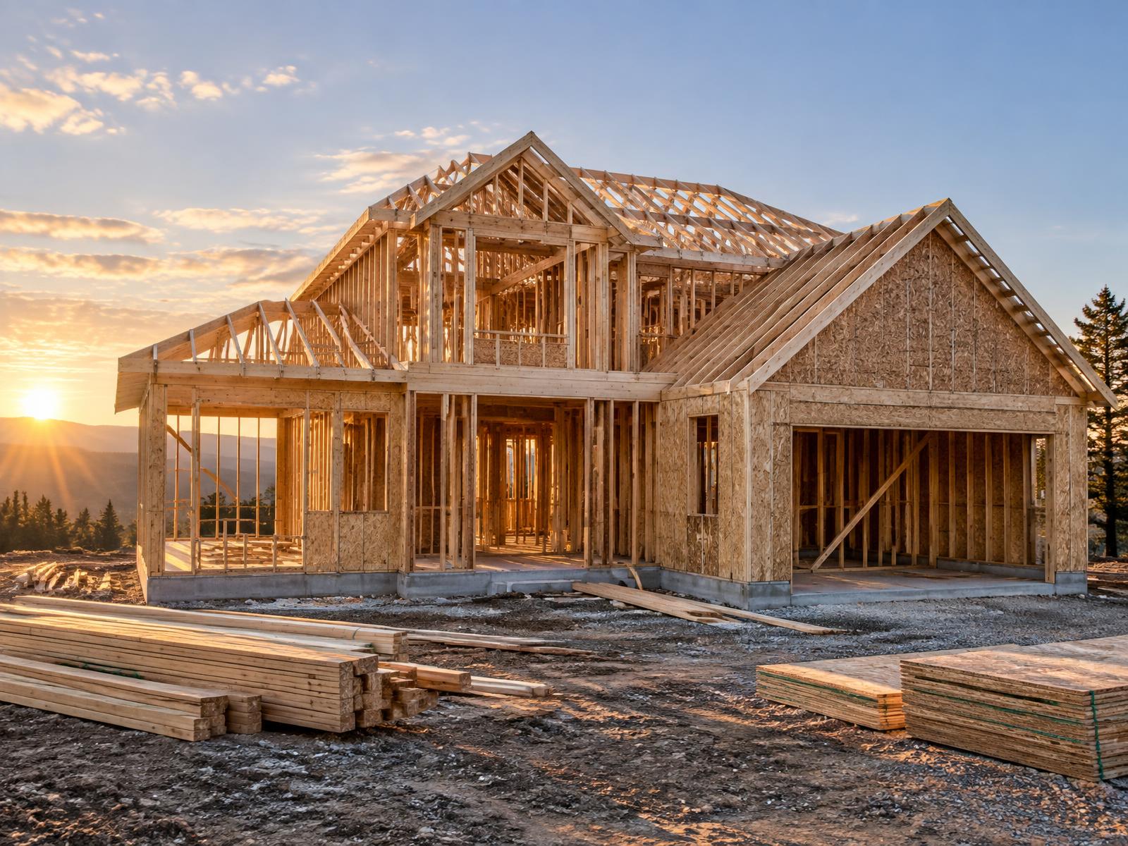 New single-family home at the framing stage of construction